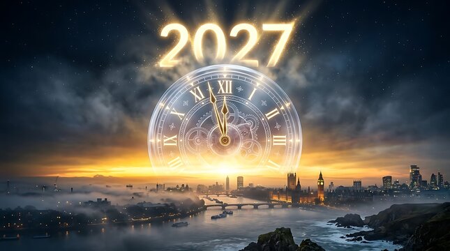 A vibrant futuristic new year celebration features a glowing cityscape with the year two thousand twenty seven in bright lights