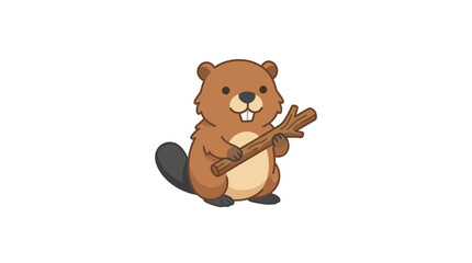 Fototapeta premium Cute cartoon beaver holding a wooden stick.