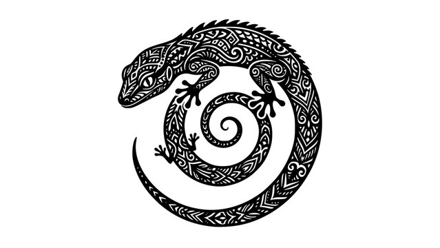 Stylized black and white lizard vector illustration with intricate tribal patterns ornament illustration wildlife silhouette monochrome isolated