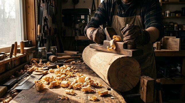 Carpenter smoothing a rough wooden log with a hand plane in a workshop wood shop wood shavings carpenter work wood texture woodcraft