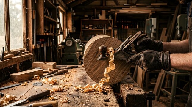 Woodworker using a hand plane on a wooden log in a rustic workshop with wood shop wood shavings carpenter work wood texture woodcraft