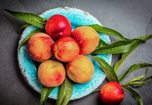 Fresh peaches on blue plate, gray slate background. top view