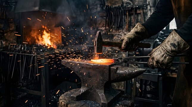Blacksmith forging hot glowing metal on an anvil in a workshop with hot steel manual labor metal worker forged metal blacksmith shop