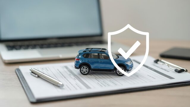 Toy car on insurance paperwork with digital shield and checkmark protection