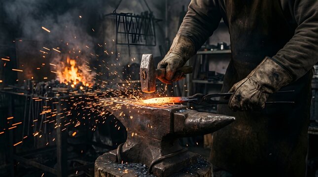 Blacksmith hitting glowing red hot metal on an anvil with sparks flying hot steel manual labor metal worker forged metal forgin