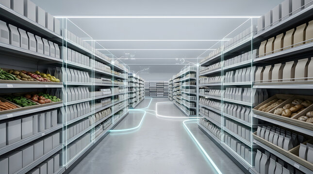 Supermarket Aisles with Holographic Digital Wireframe Overlays