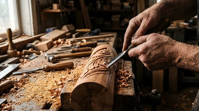 Close up of artisan hands using a chisel to carve detailed floral patterns into a wooden log with wood carving hand carving skilled hand