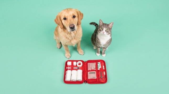 Pet first aid kit with golden retriever dog and cat on green background for veterinary emergency and animal health care concepts