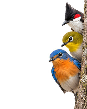 Three colorful birds perched on tree trunk