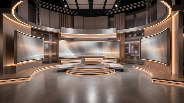 Modern vertual television set studio with large LED screens for professional digital broadcasting and media production