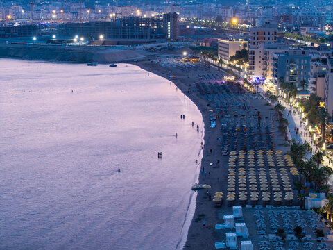 Durr&euml;s Albania Adriatic coast at dusk with illuminated beach and city waterfront