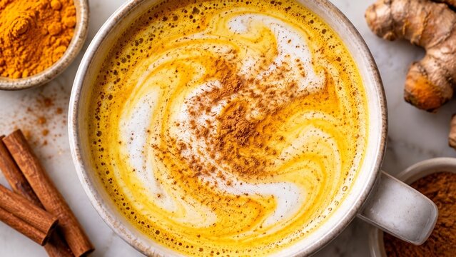 Hot Golden Milk Latte With Turmeric Swirls And Cinnamon Powder In A Ceramic Mug, Healthy Ayurvedic Drink For Wellness