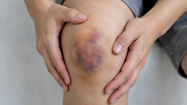 A close-up view of a person holding his knee, which has a large, discolored bruise spanning across it.