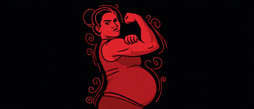 An illustration of a strong pregnant woman flexing her bicep against a black background.