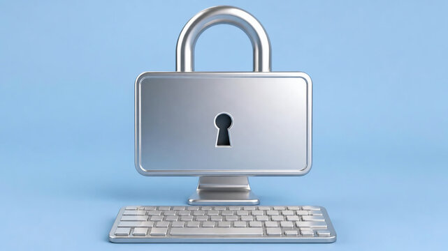 A metallic computer monitor shaped like a padlock, featuring a keyhole on the screen, paired with a matching keyboard against a light blue background.