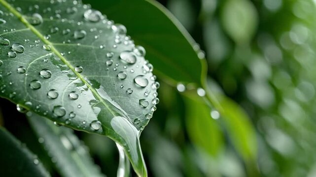Dew Collects on Fresh Green Leaf Surface and Drips from Tip