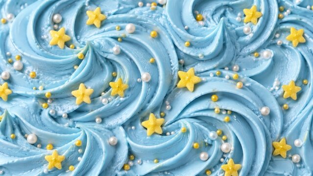 Swirled Light Blue Buttercream Frosting Decorated with Yellow Stars and Edible Sugar Pearls, Close View of Cake Decoration