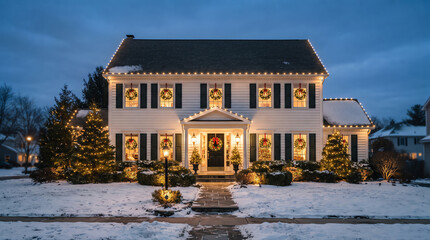 Obraz premium A beautiful colonial style house decorated with bright festive christmas lights during a snowy winter evening twilight