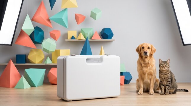 Dog and cat with white briefcase in photo studio with colorful geometric background and professional lighting for pet travel concept