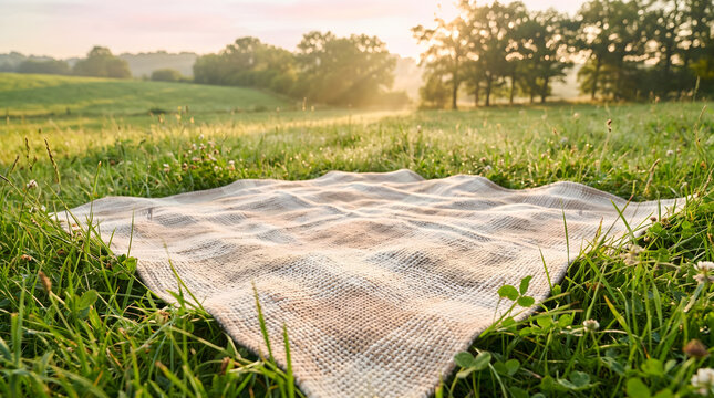 Eine gem&uuml;tliche picknickdecke liegt auf einer sonnigen wiese im sommer f&uuml;r ein entspanntes essen im freien bei sonne