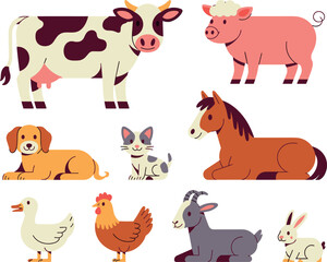 Obraz premium Flat design farm animal vector set showcasing cow pig horse dog cat duck hen goat and rabbit illustrations
