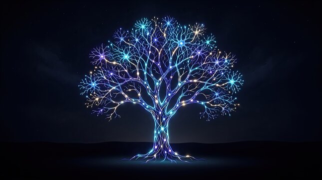 Digital tree composed of glowing data streams and binary code on dark background