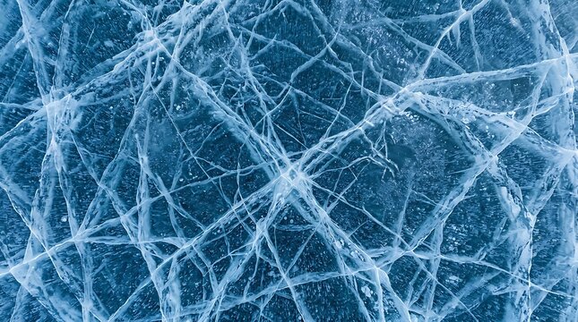 Intricate cracked ice pattern on a frozen lake surface with ice texture