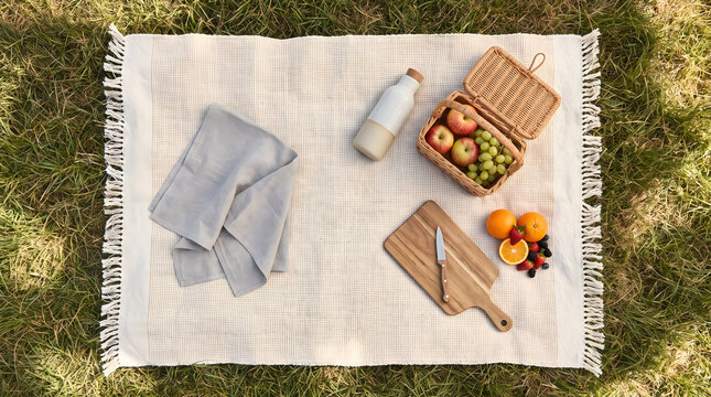 Eine beige picknickdecke mit obstkorb und geschnittenem frischen obst auf einem sonnigen gr&uuml;nen wiesenfeld im freien
