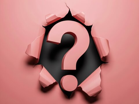 3D paper cutout effect with a pink question mark emerging from a torn hole