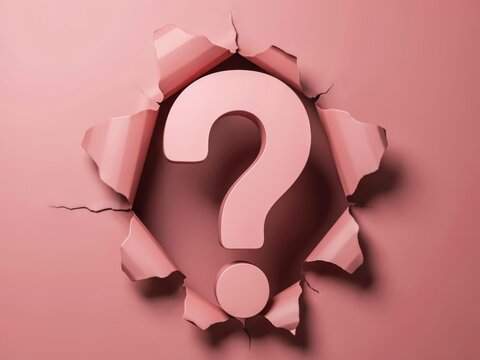 3D paper cutout question mark emerging from torn pink paper