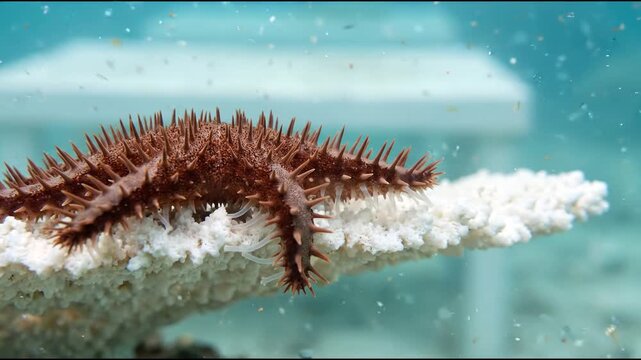 Juvenile sea star arm traversing coral reef surface with spiny reddish skin and dozens of translucent tube feet