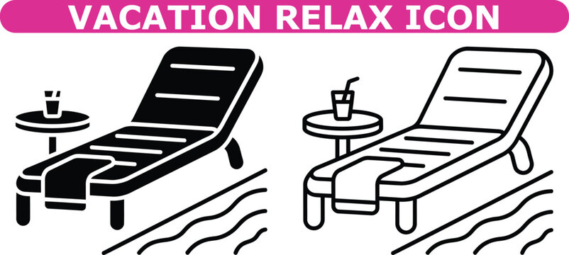 Sunbed and beach chair icon set, vector solid and outline collection of summer vacation, resort relaxation, and seaside travel symbols for travel and hospitality branding design
