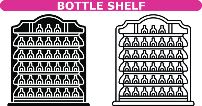 Bottle shelf icon set, vector solid and outline collection of wine racks, display shelving, and bar beverage storage symbols for restaurant and retail design
