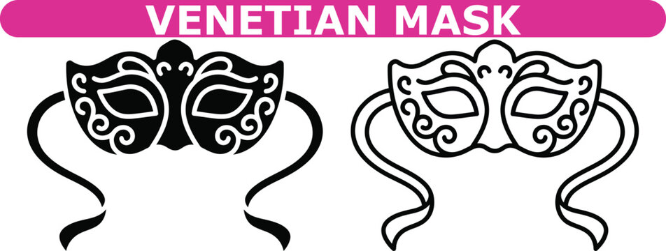 Venetian masquerade mask icon set, vector solid and outline collection of elegant carnival, theater, and Halloween party mask symbols for festive branding design
