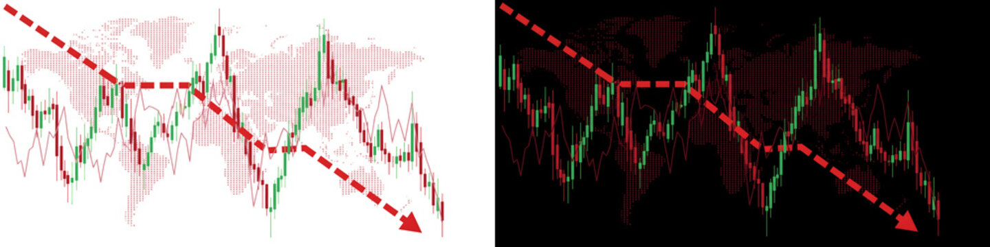 Global Stock Market Crash Candlestick Chart with Downward Red Arrow   
