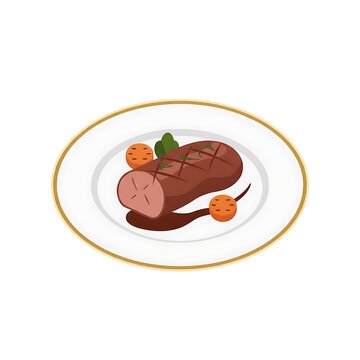 Cooked beef steak on plate with vegetables and herbs