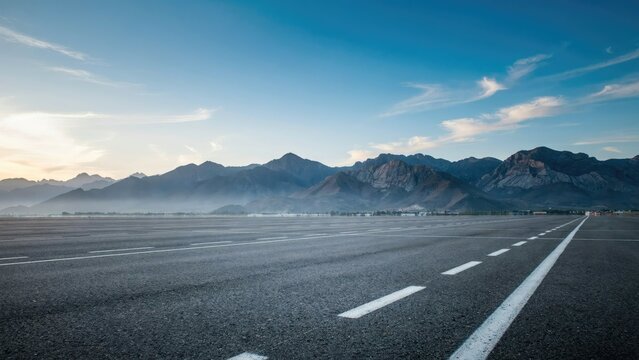 Wide angle view of an empty asphalt runway against mountain range
