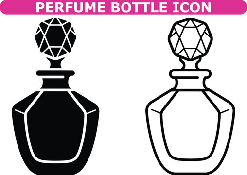 Perfume bottle icon set, vector solid and outline collection of luxury fragrance, elegant cosmetic accessory, and beauty product symbols for fashion branding design
