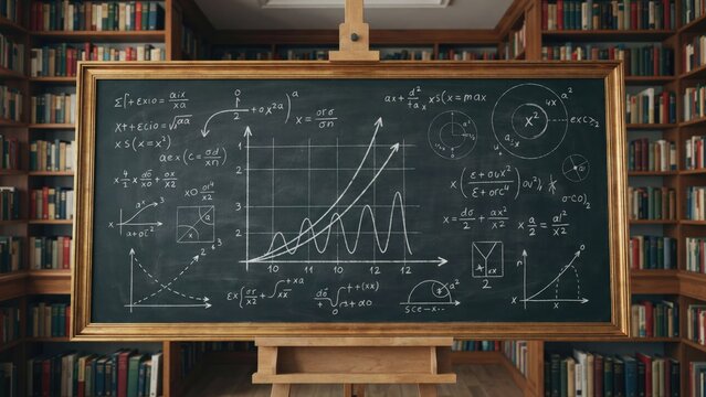 Dark chalkboard with mathematical formulas and graphs in a library