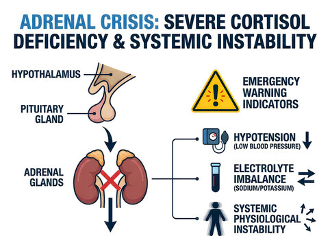 Adrenal Crisis Medical Infographic Showing Severe Cortisol Deficiency Pituitary Axis Hypotension and Electrolyte Imbalance Diagram