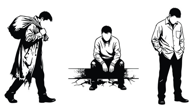 Silhouettes of a homeless man walking with a sack sitting on a curb and standing in dejection