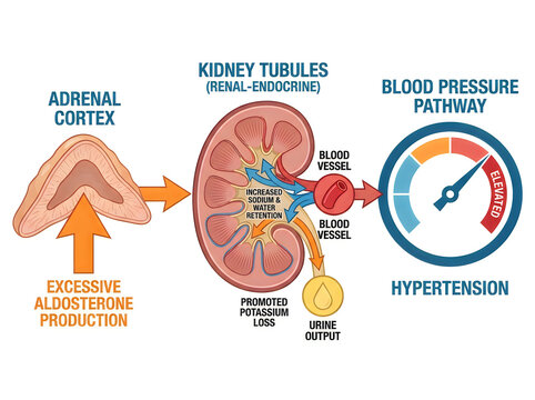 Aldosterone Action on Kidney Tubules Medical Infographic Showing Hyperaldosteronism Mechanism Sodium Water Retention and Hypertension Pathway