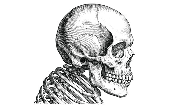 Side profile view of a human skull and ribcage skeleton detailed vintage engraving