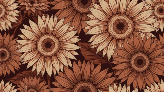 Seamless pattern of stylized sunflowers in monochromatic brown tones