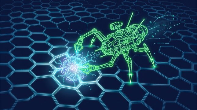 Digital spider made of glowing green binary code crawling across a dark blue hexagonal network surface