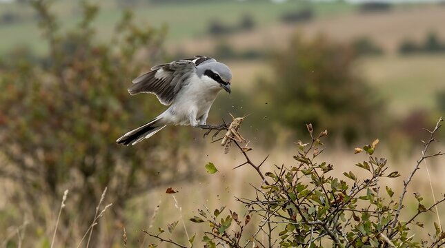 Grey shrike bird perched on a thorny branch holding a grasshopper in its beak in a natural field