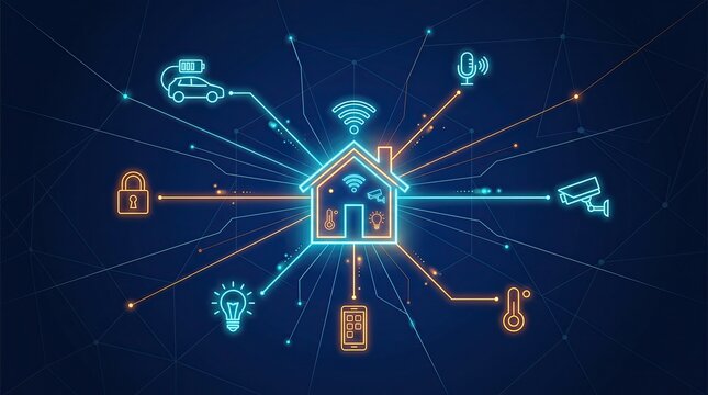 Connected smart home technology network illustration with various devices and central hub