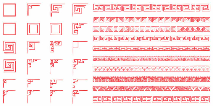 Red geometric key pattern collection on a white background