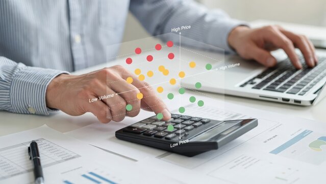 Accountant analyzing financial data with digital scatter plot chart overlay