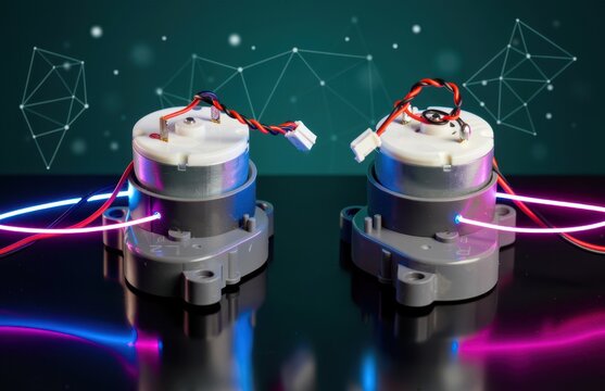 Two modern small electric stepper motors with glowing neon lights